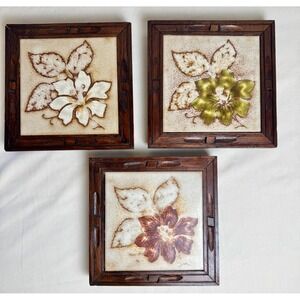 Vintage 70s Trivet Set Italy Flowers Floral Ceramic Framed Kitchen Tile Hot Pad
